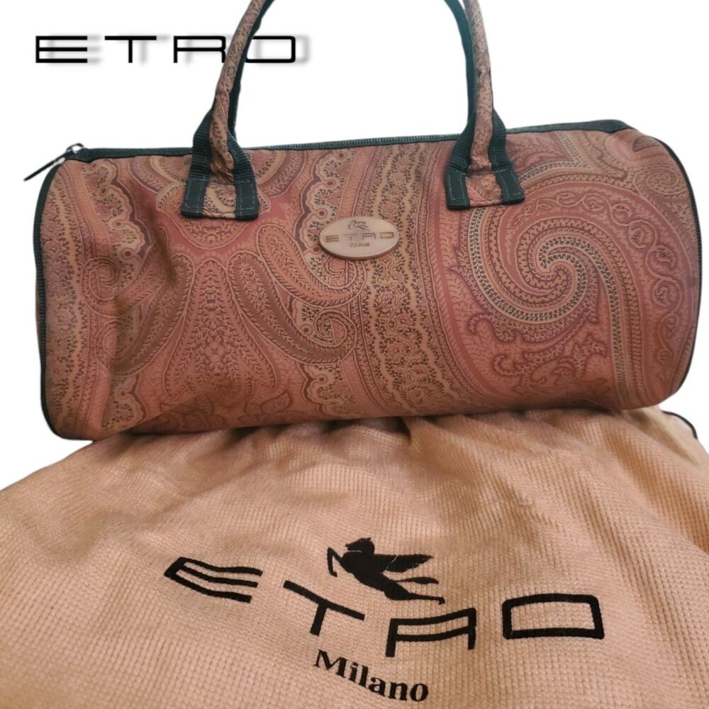 VTG ETRO Y2K Mini Papillon Duffle Barrel Bag Paisley Green Orange Top Handle